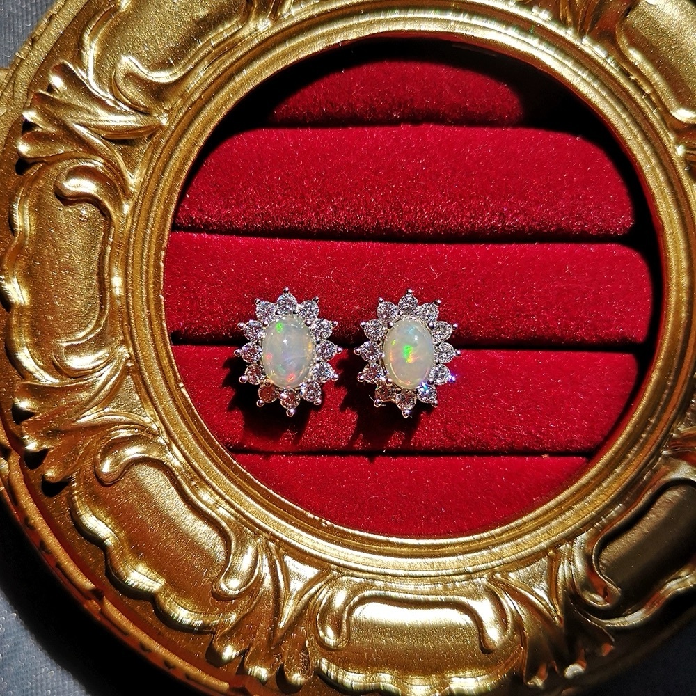 Elegant Silver Opal Stud Earrings